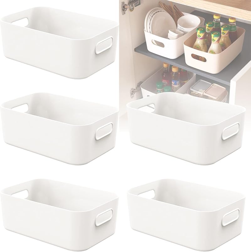 W&H 5 Pcs White Plastic Storage Boxes with Handle, 8.2 x 5.5 x 2.7 in
