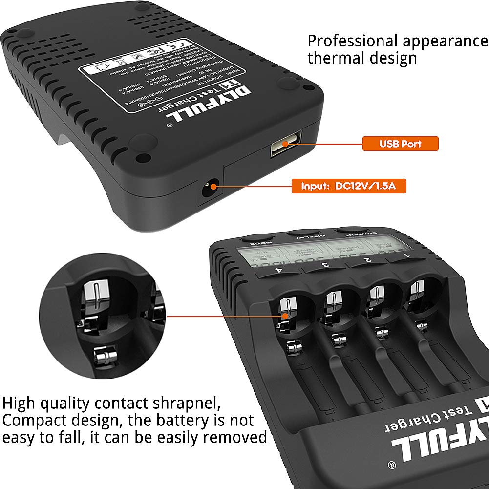 AA Battery Charger, Dlyfull LCD Display Smart Charger(Test, Refresh, Discharging) for 1.2V Ni-MH Ni-CD 4 AA & AAA Rechargeable Batteries with 1000mA charge current + USB Port