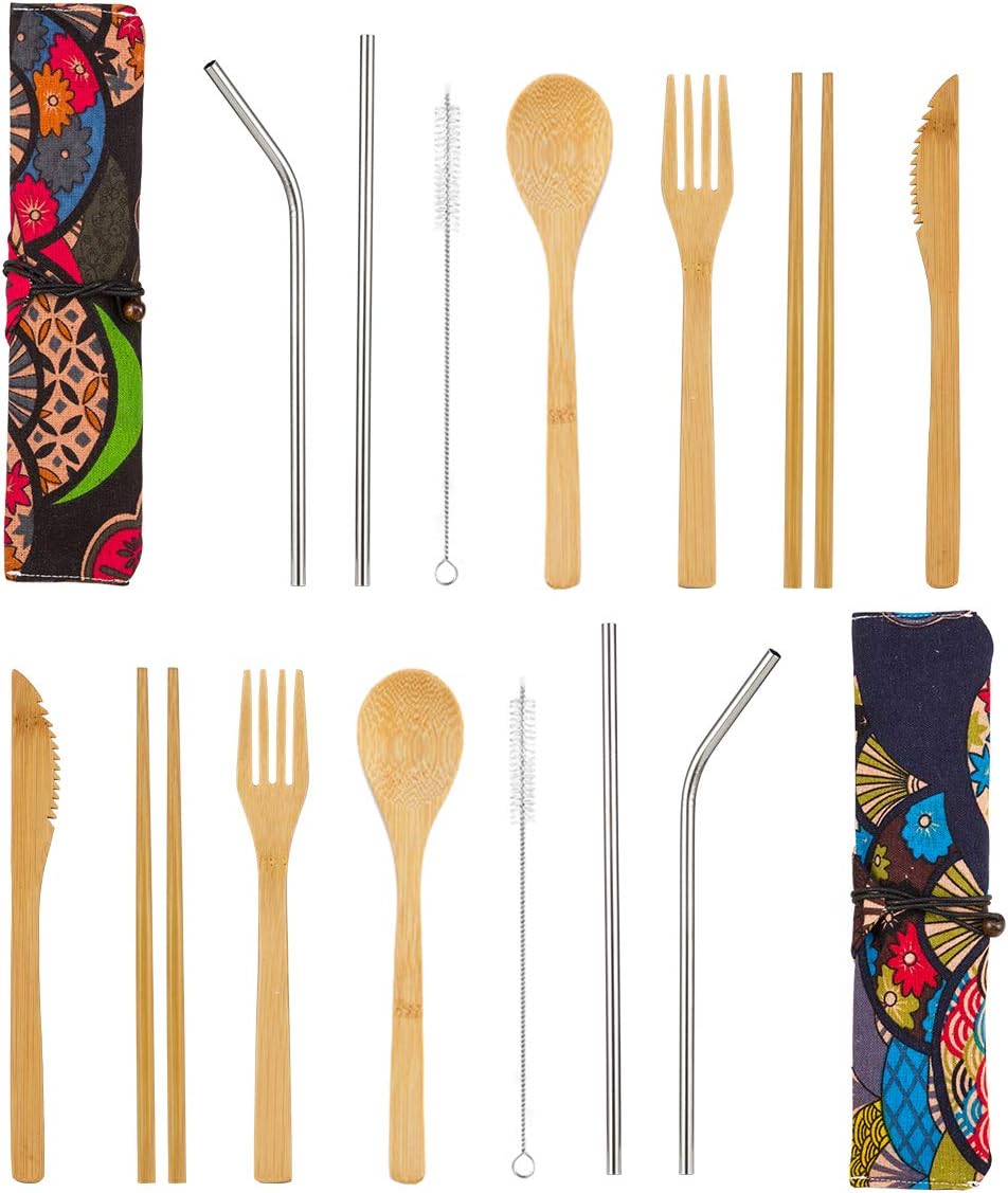 2 Pack Natural Bamboo Travel Cutlery Kit include Knife, Fork, Spoon, Straw and Cleaning Brush for Camping Office Lunch