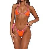 Roevite Sexy Thong Bikini Set for Women Triangle Two Piece Swimsuit Color Block Swimwear Bathing Suit