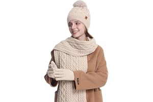 2THESTARS Women's Winter Hat Scarf Gloves Set, 3-Piece Knitted Set with 3D Cube Pattern, Fleece Lining, Touchscreen Gloves
