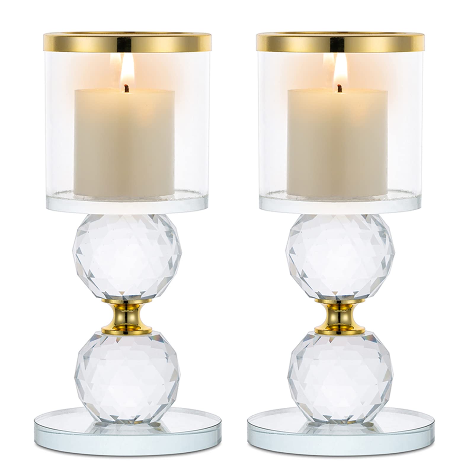 Sziqiqi Crystal Clear Pillar Candle Holder Set of 2, Glass Candlestick Holders Tealight Candle Stand Table Top Centerpieces for Living Room Wedding Banquet Mantlepiece Fireplace Decor, Gold Rim