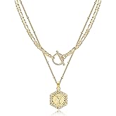 KissYan Gold Layered Initial Necklace for Women, 14K Gold Plated Hexagon Letter Necklace Capital Monogram Pendant Toggle Clasp Layering Figaro Bead Chain Necklace