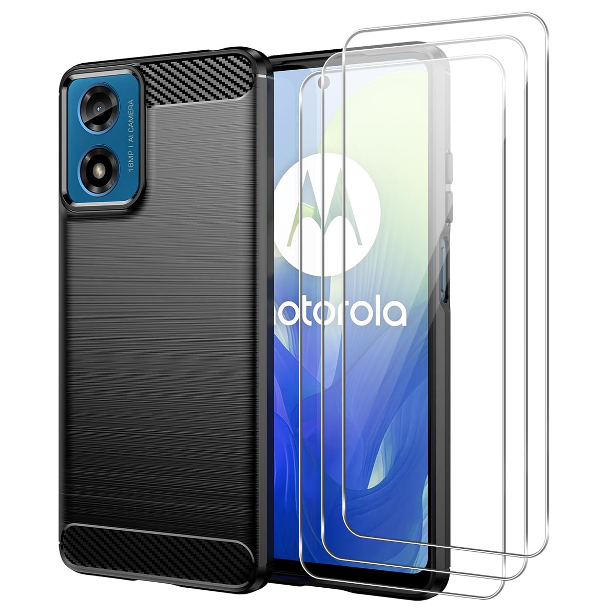 Cover Compatible with Motorola Moto E14 / G24 / G04 with 3 Pieces Tempered Glass Screen Protector, Carbon Fibre and Anti-Fingerprint Case, Scratch Resistant and Soft Case – Black