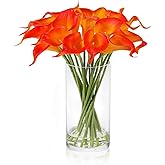 rubystory 20PCS Calla Lily Artificial Flowers in Vase with Fake Water, Faux Floral Arrangements in Vase for Home Decor Wedding Table (Orange)
