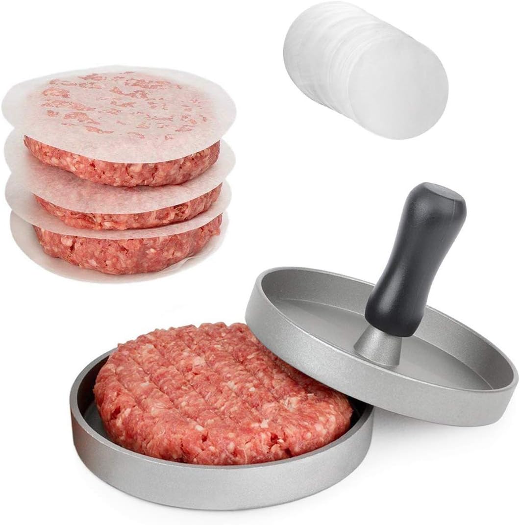 Burger Press Stuffed Hamburger Patty Maker with 40 Wax Papers, Round Burger Mold Kit for BBQ Grill by i Kito