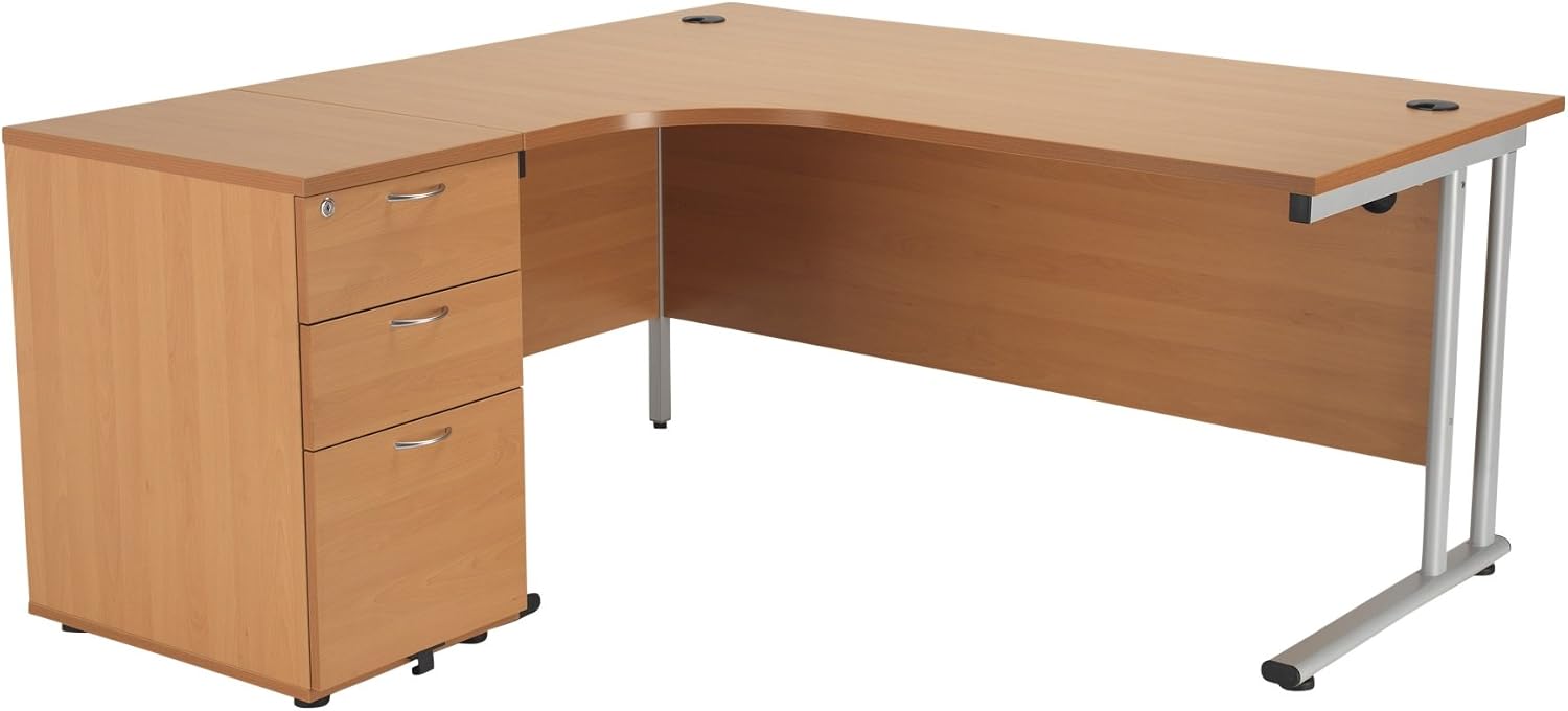 Office Hippo Heavy Duty Left Corner Radial Desk With 3 Drawer High Storage, Home Office PC Desk, Silver MFC, Beech Frame