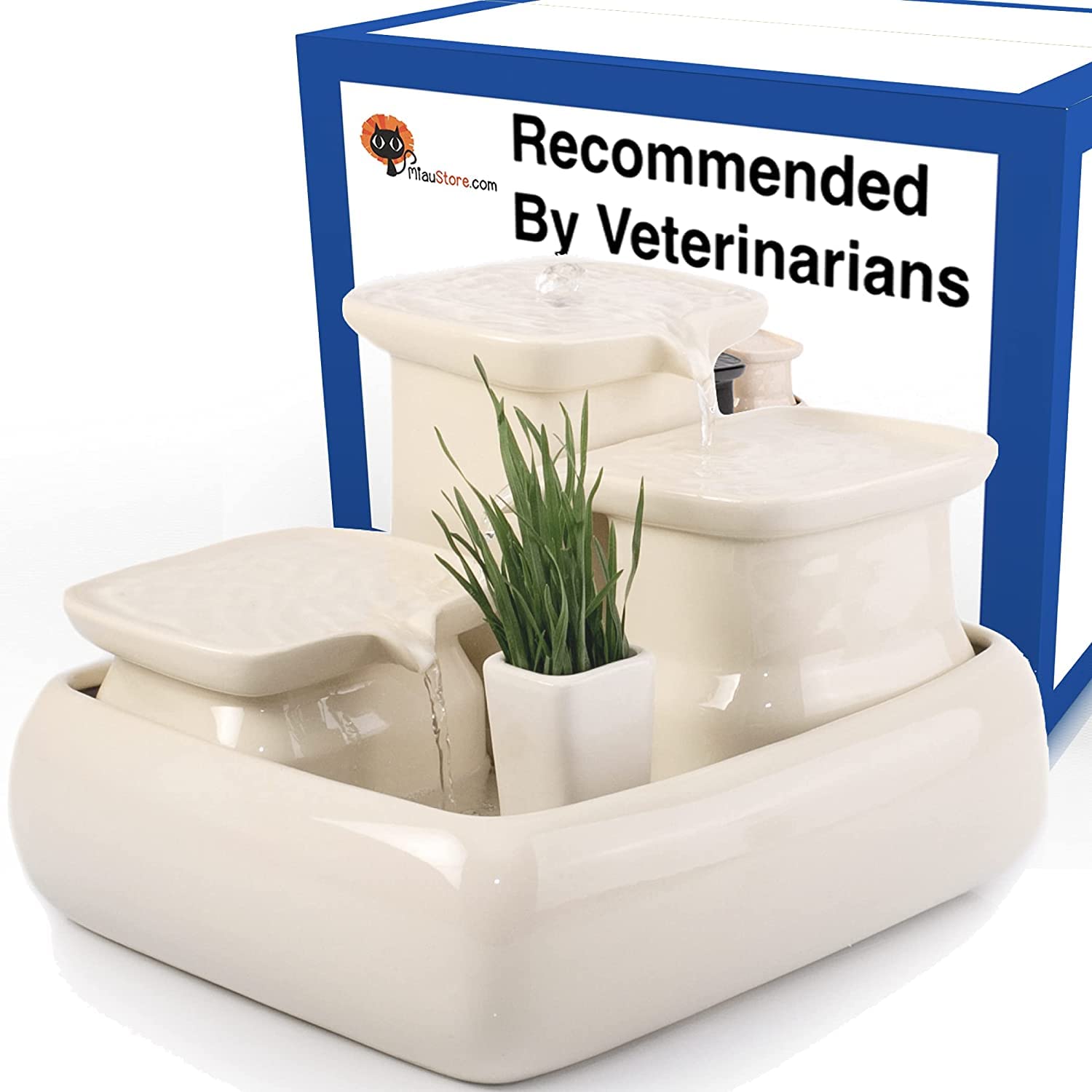 Photo 1 of Miaustore Premium Ceramic Cat Water Fountain - Motion Sensor Activated, 125oz/3.4l, Doesn’t Need Filters, Easy to Clean, Dishwasher Safe, Pet Drinking Fountain with Bowl for Cat Grass Inside - Milk