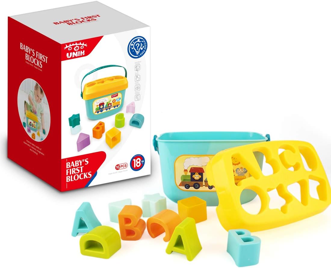 UNIH Baby's First Blocks Shape Sorter Toy ABC and Shape Pieces Toddler Developmental Sorting Shape Game with Storage Box