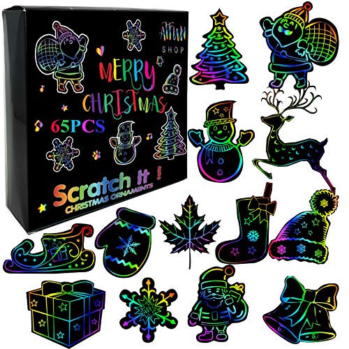 ATFUNSHOP Christmas Scratchs Ornaments 65Pcs Magic Scratch Arts and Crafts Snowman Reindeer Santa Claus Gloves Sleigh…