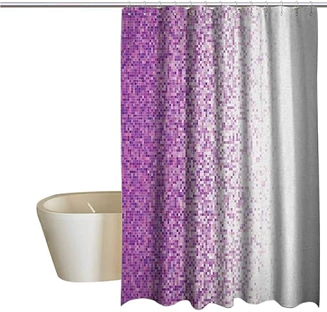 Amazon マゼンタシャワーウィンドウカーテン防水コンピューターアートスタイルタイルモザイクスクエアコンプレックスピクセルパーティーミックス芸術的コンセプトバスルームシャワーカーテン紫白 165x180 Cm シャワーカーテン ホーム キッチン オンライン通販