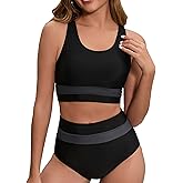 Dipinon Women's High Waisted Bikini Sets Two Piece Swimsuit Color Block Sporty Athletic Moderate Coverage Bathing Suits