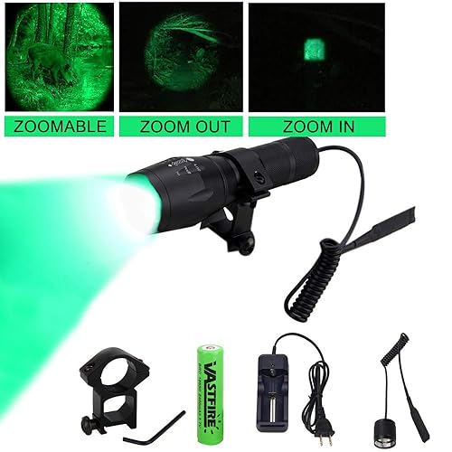 VASTFIRE 350 Yard Zoomable CREE Green Flashlight Kit Varmint Predator Coyote Hog Light