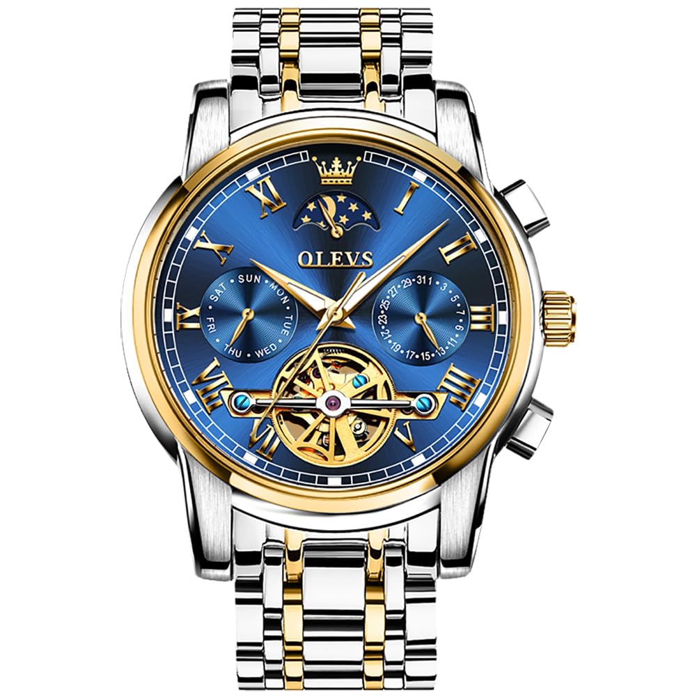 OLEVS Automatic Self-Winding Men's Watch With Date Day Calendar Display - Stainless Steel Skeleton Movement Tourbillon - No Battery Waterproof for Man