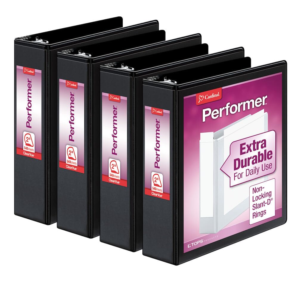 Photo 1 of Cardinal Performer 3-Ring Binders, 2", Non-Locking Slant-D Rings, 540-Sheet Capacity, ClearVue Presentation, Non-stick, PVC-Free, Black, 4-Pack (27501)