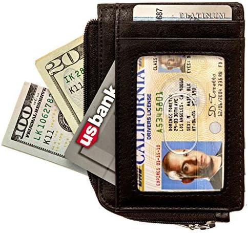 Full Voyage RFID Blocking Slim Wallet FV08 with Window for ID Badge, 7 Card Holder Slots - 270-Degree Zipper - Black Leather
