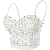 ELLACCI Sexy Pearls Beaded Bustier Corset Crop Top Club Party Cage Bra White