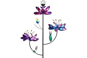 Exhart Garden Solar Lights, Lotus Flower Wind Spinner Garden Stake with Color Changing LED Crackle Ball and 3 Flowers, Outdoor Garden and Yard Decor, 20.5 x 70 Inch