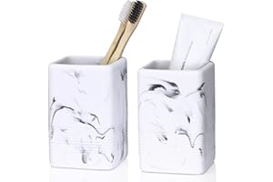 INIUNIK Toothbrush Holders for Bathrooms, 2PCS Resin Bathroom Toothbrush Holder Set Tooth Brushing Holder, Marble Design Toothbrush Cup Organizer Tumbler for Bathroom Vanity Countertop, White