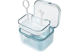 NOONEBUTYOU Retainer Cleaner Case, Travel Denture Bath with Drain Tray, Suitable for Dentures, Denture Bridges, Partial Dentures, Traditional Braces (Blue)