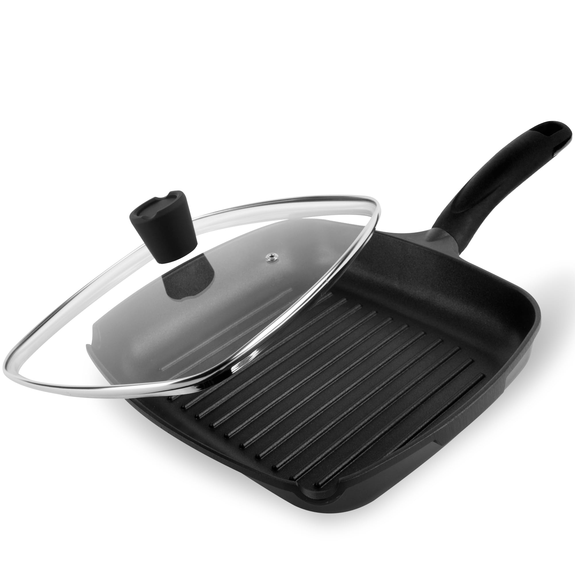 La Moustache - Grillpfanne 28 cm mit Glasdeckel, Quadratische Pfanne PFOA-Freie, Optimale Wärmeverteilung, Griddle Pan/Bratpfanne für Halogen, Gas, Elektro, Induktion, Ceran Kochfelder