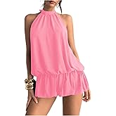 Floerns Women's Y2k Summer Halter Dress Tie Open Back Sleeveless Ruffle Hem Bubble Going Out Mini Dresses