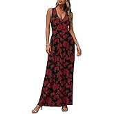 CATHY Women's Casual Sleeveless Deep V Neck Beach Waist Maxi Dresses with Pockets