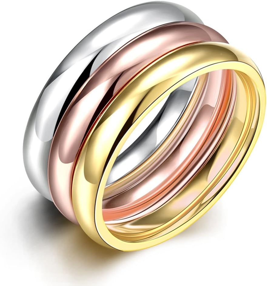 Focus Jewel Unisex Rose Gold/Gold/Silver Tri-tones Triple 0.9cm 3-Piece Stackable Ring Set High Polished
