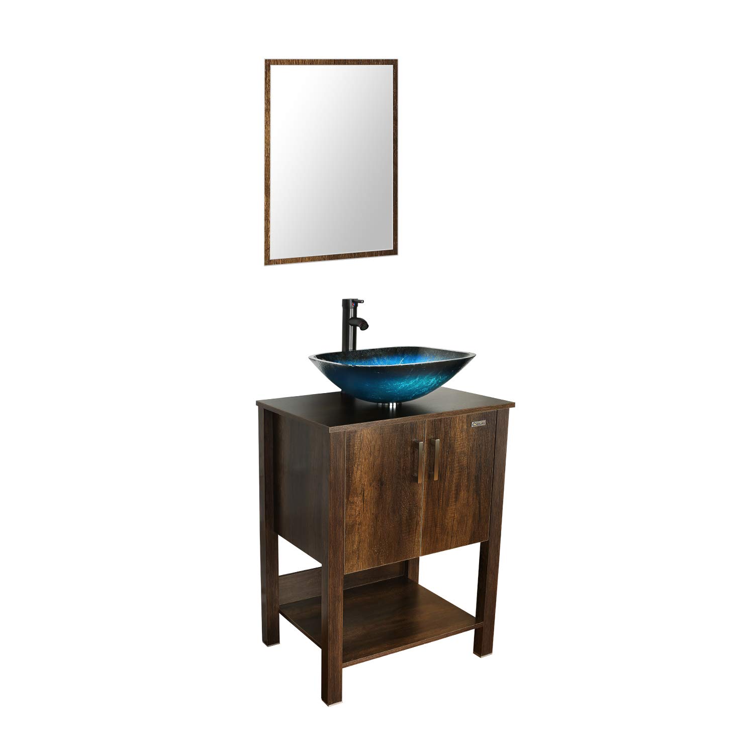Eclife 24 Bathroom Vanity Sink Combo Brown Cabinet Vanity Ocean Blue Square Tempered Glass Vessel Sink 1 5 Gpm Water Save Faucet Solid Brass Pop Up Drain With Mirror A04 B12c Bathroom