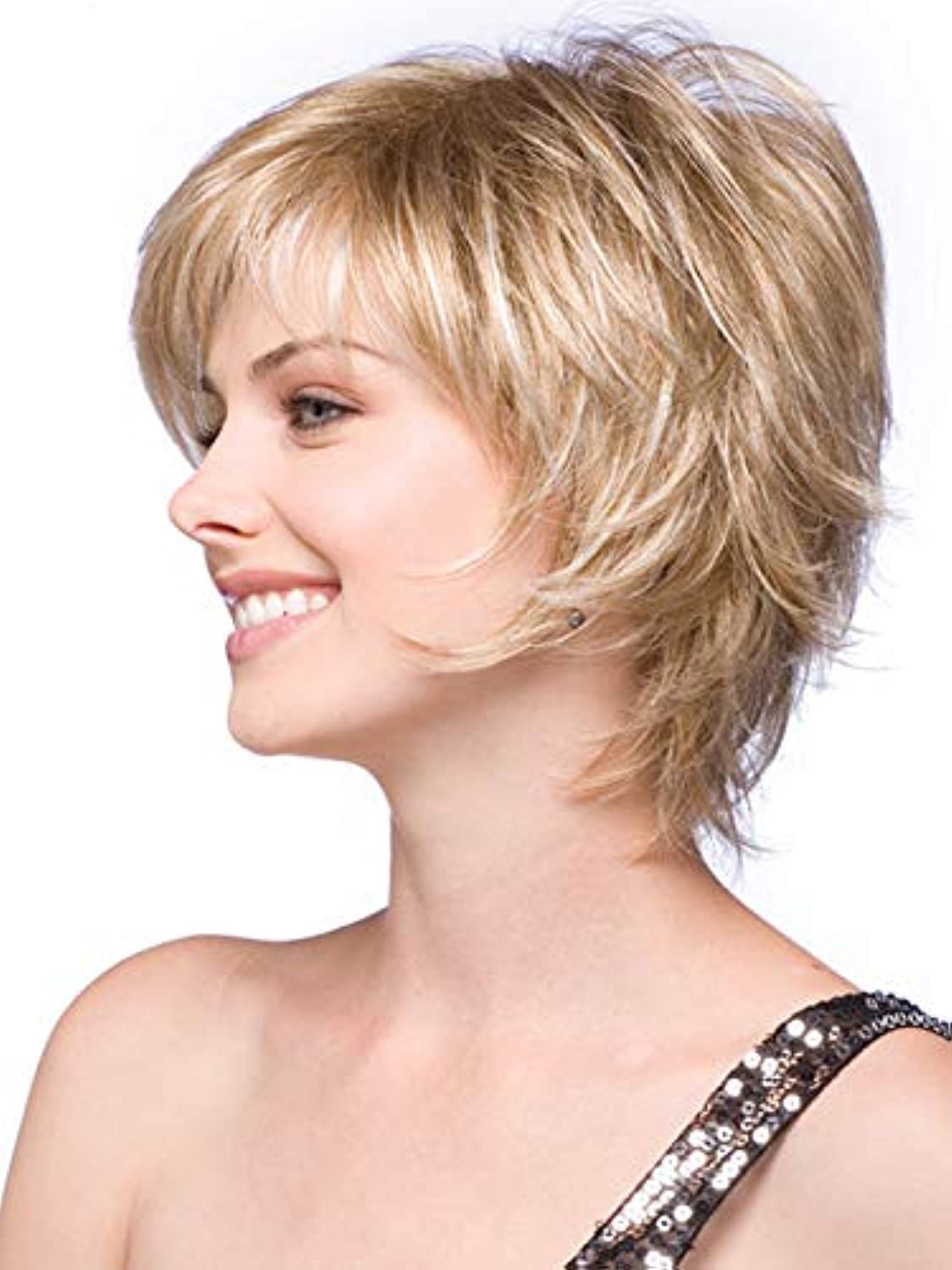 Photo 1 of TISHINING Short Blonde Pixie Cut Wigs for White Women with Bangs Shaggy Layered Mixed Blonde Natural Wavy Synthetic Hair Wig Heat Resistant Fiber Hair Replacement Wig