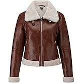 WYOYW Women Fur Leather Jacket Shearing Cropped Faux Fur Lined Moto Biker Coat