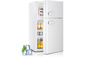 Kismile Mini Fridge with Freezer,3.2 Cu.Ft Compact Mini Refrigerator with Double 2 Door,Adjustable Temperature,Full Size for Home,Kitchen,Dorm,Apartment,Retro White