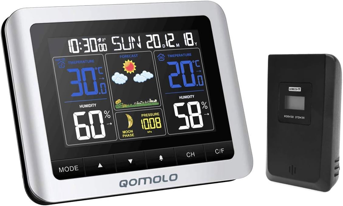 Weather Station, Digital Indoor Outdoor Thermometer Hygrometer Barometer Wireless Weather Forecast Station with Remote Sensor, Humidity Monitor, Alarm Clock, Time Readings