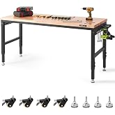 VEVOR Workbench for Garage 72" Adjustable Workbench, Heavy-Duty Hardwood Worktable with Universal Wheels, 3000 LBS Load Capacity, with Power Outlets, for Workshop, Garage, Office and Home