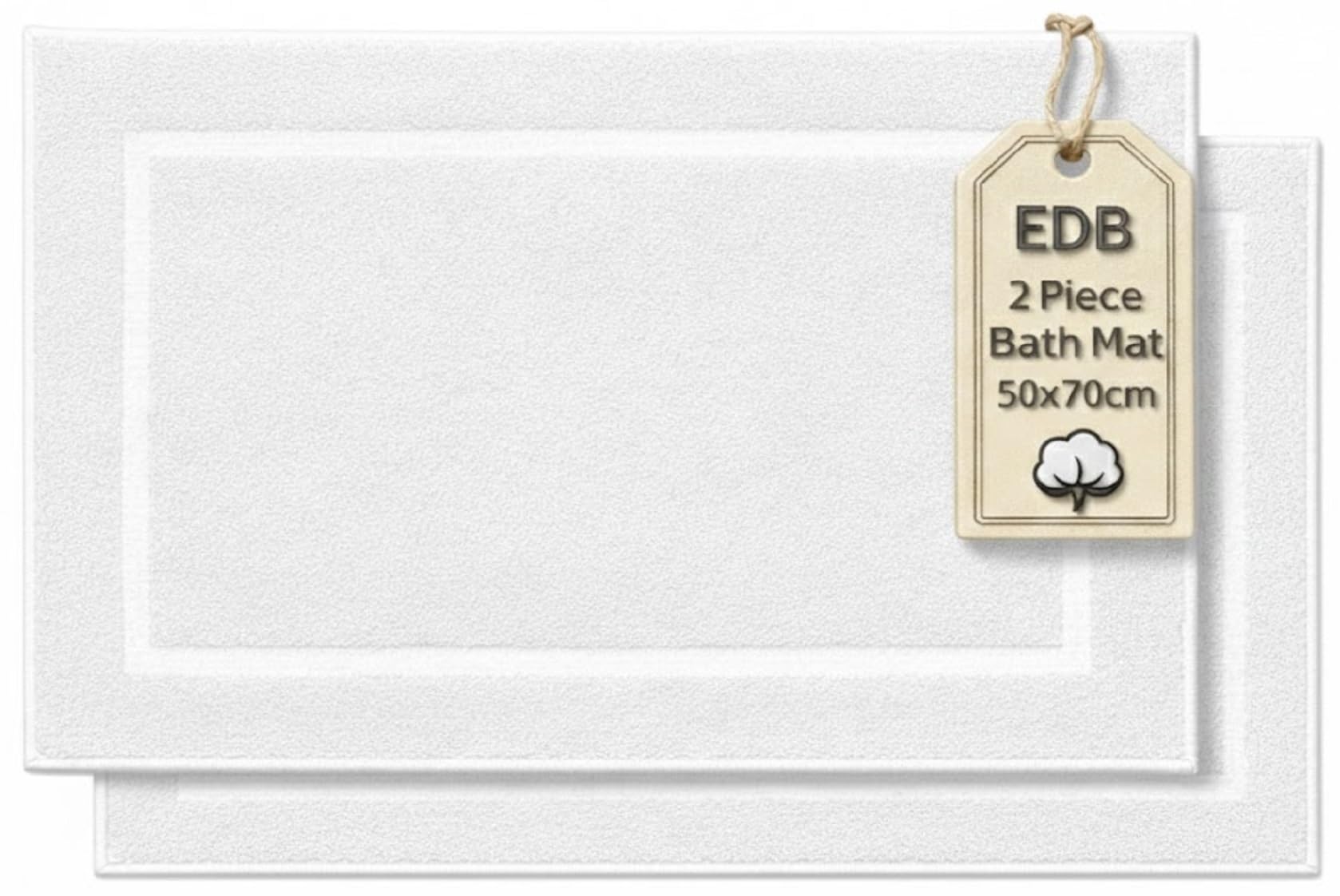 EDB Pack of 2 Terry Toweling Bath Mats Set 100% Cotton Maximum Absorbency Quick Dry 50 x 70 cm Machine Washable Soft 1000-GSM (White)