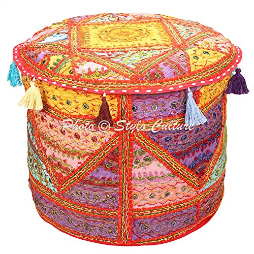 Stylo Culture Indian Vintage Pouf Ottoman Foot Stool Cover Round Embroidered Mirror Patchwork Pouffe Ottoman Cover Multicolored Cotton Traditional Furniture Footstool Seat Puff Cover (18x18x13)