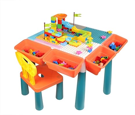 Amazon Co Jp Pflife 子供用 ブロック テーブル コースター テーブル チェアーセット ビーズコースター スロープトイ 128ピース ブロック付き ホワイトボード おもちゃ収納可能 ベースプレート 立体パズルテーブル 女の子 男の子 誕生日 入園 ギフト セット ホーム