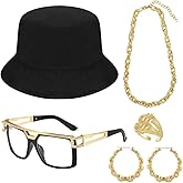 80s / 90s Hip Hop Outfits for Women, 90's Theme Costume Kit Rapper DJ Outfits Punk Gold Chain Bucket Hat Vintage Glasses Bamboo Hoop Earrings Money Ring Hip Hop Jewelry Set for Women/Men