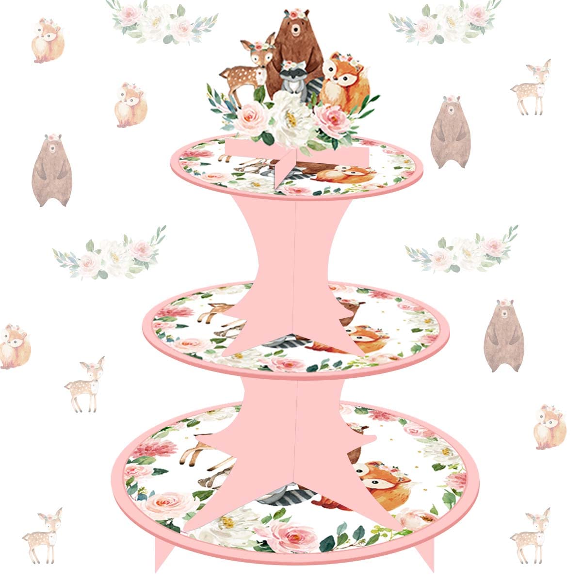 Photo 1 of Woodland Animal Party Cupcake Stand for Girls Pink 3-Tier Cake Stand for Woodland Party Decoration Baby Shower Jungle Animal Cupcake Tower Decor for Animals Birthday Cake Holder