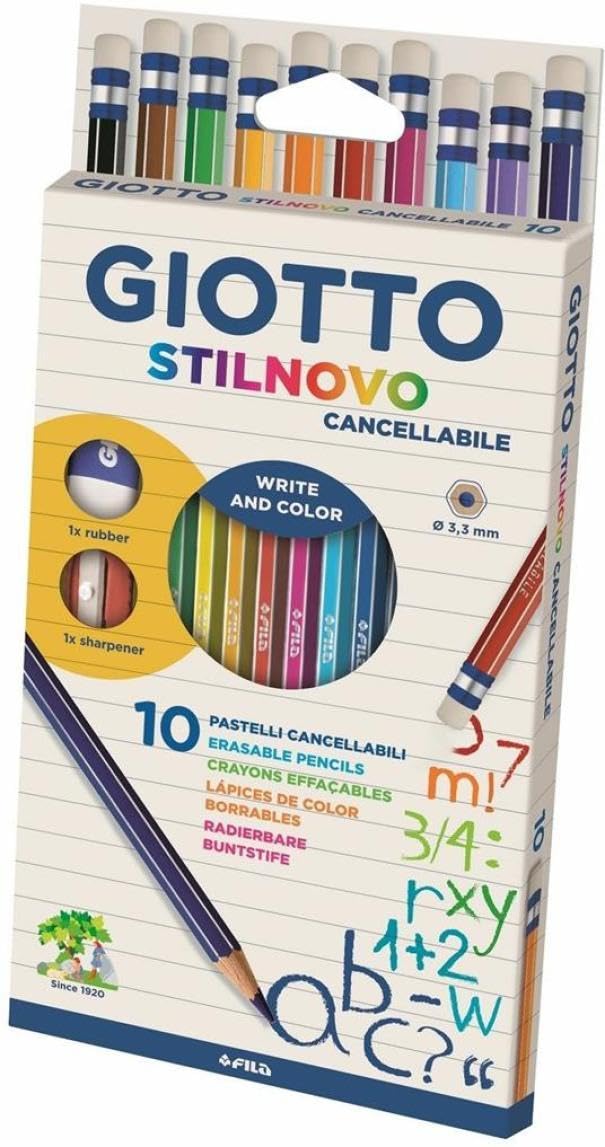 GIOTTO Stilnovo Intense Colours Colouring Pencils, 10 Pieces with Eraser Ends, Sharpener Included, Assorted Colours, For Children, Parties and Schools