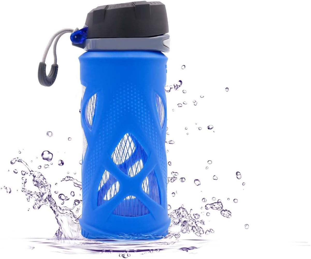 FIESAND Sports, SZPLUS 650ml 480ml Glass Water Bottle with anti-slip Silicone Sleeve BPA Free, Sky Blue