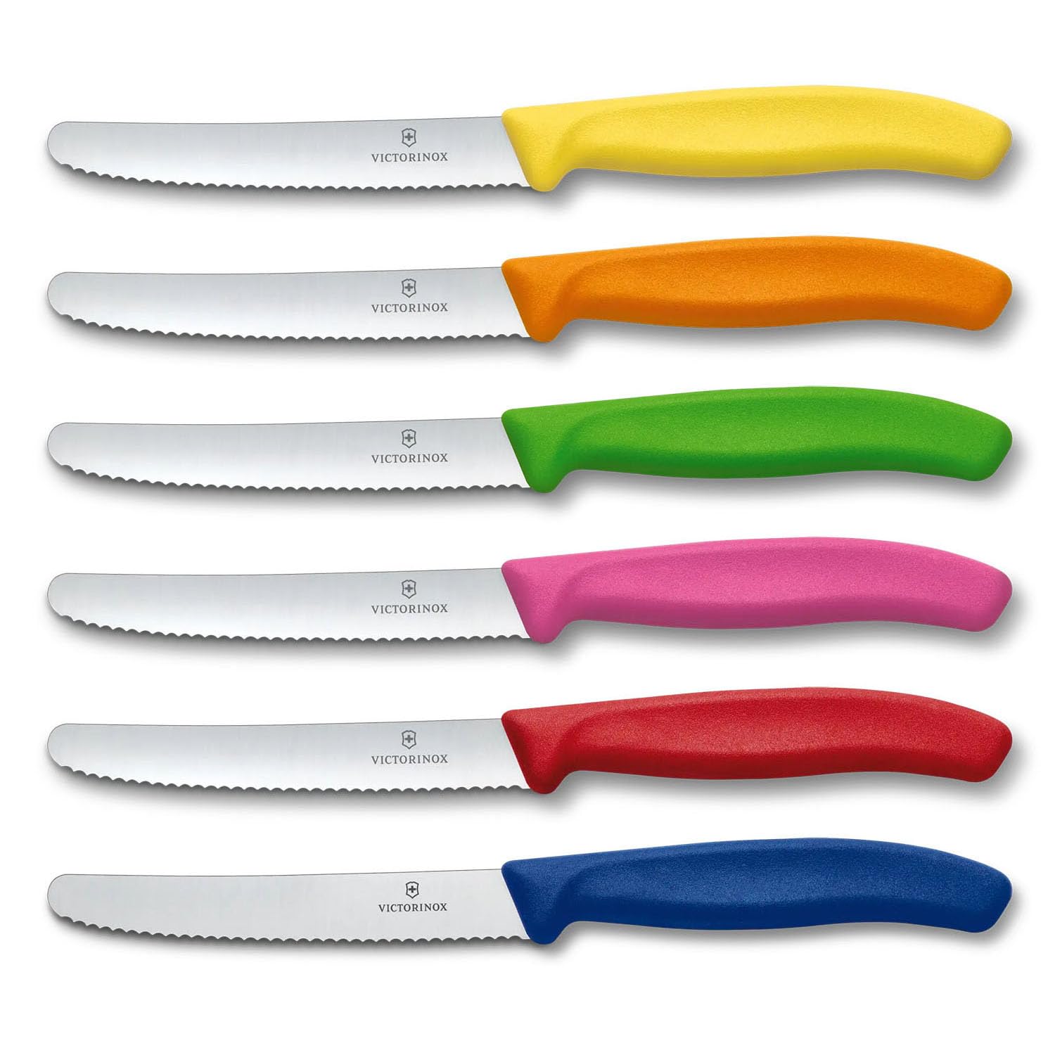 Victorinox Swiss Stainless Steel 6 Piece Round 4.5 Inch Serrated Steak Knife Set with Green, Orange, Pink, Yellow, Red, and Blue Fibrox Handles