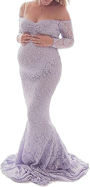 Hopeverl Women Lace Maxi Dress Off Shoulder Long Sleeve Maternity Dress
