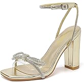 Amoji Women's 4 Inch Rhinestone Bowknots Block Heeled Crystal Sandal Ankle Strap Clear Heels 315