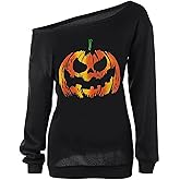 TWKIOUE Women Halloween Pullover Shirts Slouchy Pumpkin Long Sleeve Sweatshirts Off Shoulder Tops