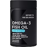 Sports Research Triple Strength Omega 3 Fish Oil - Burpless Supplement w/EPA & DHA Fatty Acids from Wild Alaskan Pollock - Su