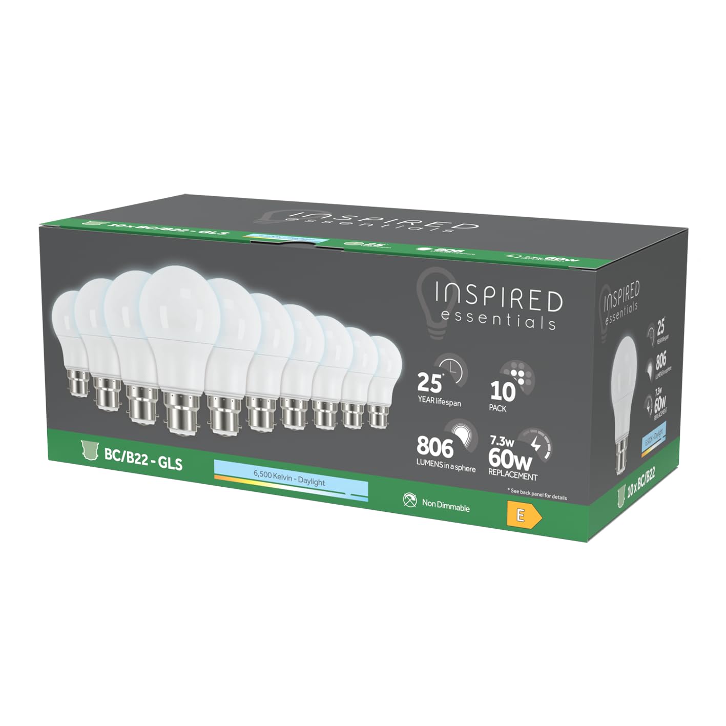 60W B22 Bayonet LED Bulb, Daylight 6500K, 60 Watts Equivalent Replacement, Last up to 25000 Hours, 7.3W BC/B22 GLS Light Bulbs, 806 Lumen, Non-Dimmable, Value Pack of 10, Energy Saving Light Bulb