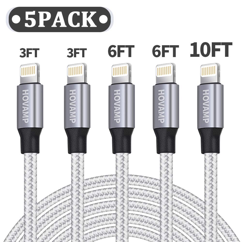 HOVAMP iPhone Charger, MFi Certified Lightning Cable 5 Pack (3/3/6/6/10FT) Nylon Woven with Metal Connector Compatible iPhone 11/Pro/Xs Max/X/8/7/Plus/6S/6/SE/5S iPad - Silver&White: Industrial & Scientific