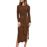 ANRABESS Womens Long Sleeve Sweater Dress Crew Neck Slim Fit Slit Tie Waist 2025 Ribbed Knit Bodycon Midi Dress Fall Outfits