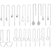 XHBTS 10 Pairs Threader Earrings Set for Women-Long Chain Earrings Heart Star Moon Lightweight Drop Dangle Chain Tassel Earrings Minimalist Chain Earrings Set with Mini Cloth